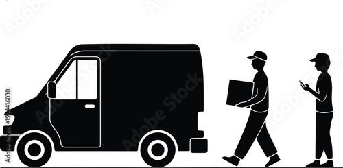 Delivery van and workers, logistics, transport, package delivery service