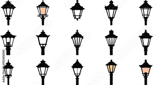 Collection of classic outdoor street lamps with ornate designs and warm glowing lights