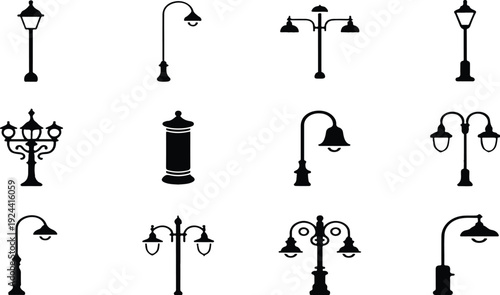 Set of modern and traditional lampposts for street and park illumination, graphic icons