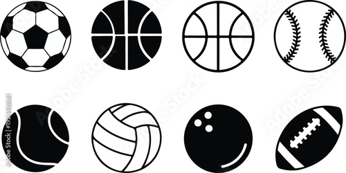 Collection of sports balls including soccer, basketball, baseball, tennis, volleyball, bowling, football