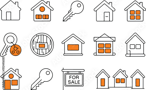 Real estate icons representing houses and keys for property buying selling renting and investment with orange color accents on white background