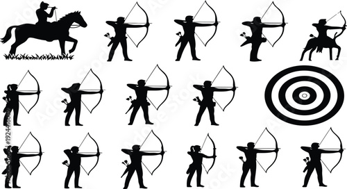 Archery silhouettes of archers, horse rider archer, and target, action and sport concept