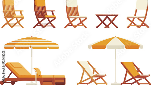 Set of patio furniture and umbrellas for outdoor relaxation and leisure