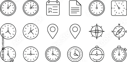Icons representing time, navigation, and scheduling with clocks and compasses
