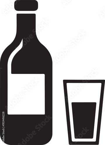 A dark silhouette of an unlabeled bottle beside a small glass containing liquid