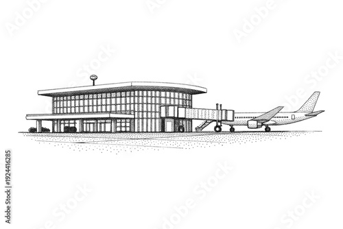 Modern airport terminal building with a jet bridge connected to an airplane on the tarmac