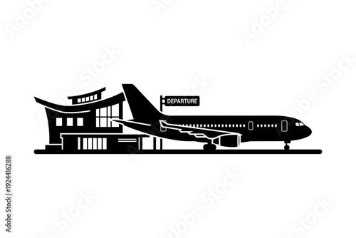 Modern airport terminal building with a passenger jet airplane on the tarmac