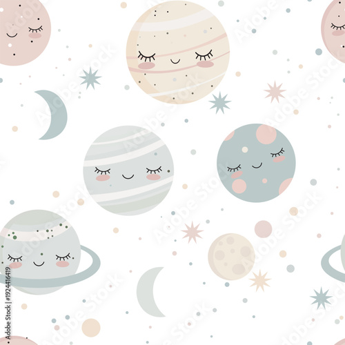 Cosmic Sleep Seamless Vector Pattern Design, This gentle cosmic pattern design is filled with smiling planets and stars creating a cozy and magical atmosphere