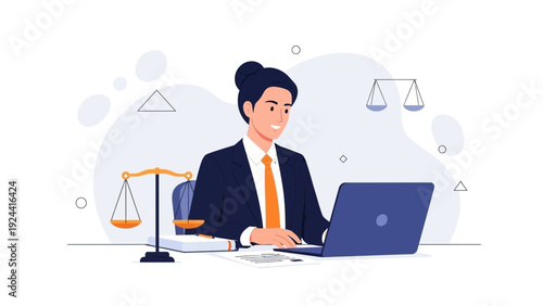 Lawyer working on laptop with scales of justice and legal documents