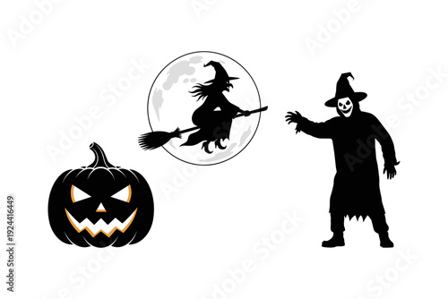 Halloween silhouettes of a witch, pumpkin, and scary figure against a moonlit sky