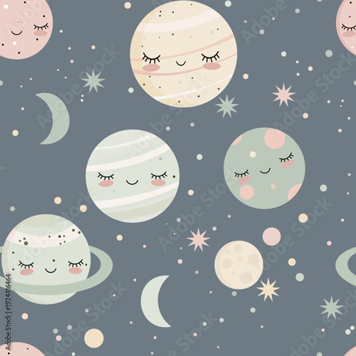 Cosmic Sleep Seamless Vector Pattern Design, This gentle cosmic pattern design is filled with smiling planets and stars creating a cozy and magical atmosphere