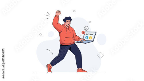 Man celebrating success with laptop, online achievement, digital victory, modern illustration