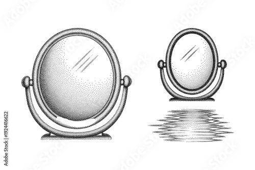 Handheld adjustable tabletop vanity mirrors in vintage stipple engraving style with reflections