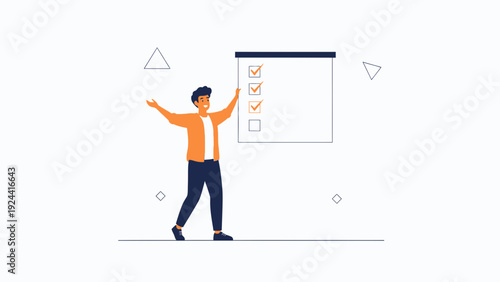 Man celebrating successfully completing tasks on a checklist whiteboard.