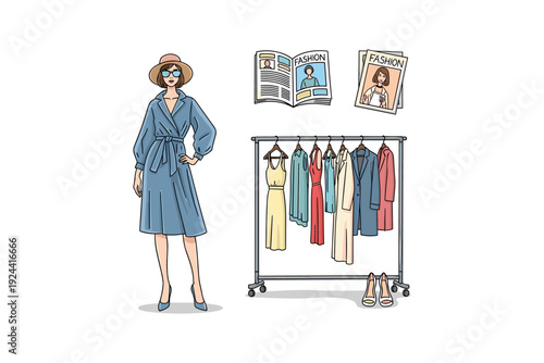 Stylish woman in blue dress with fashion magazines and clothing rack display