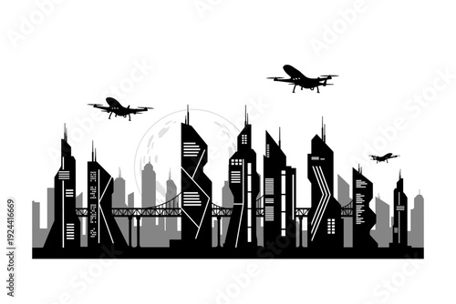 Futuristic cityscape silhouette with drones flying over modern skyscrapers and a bridge under the moon