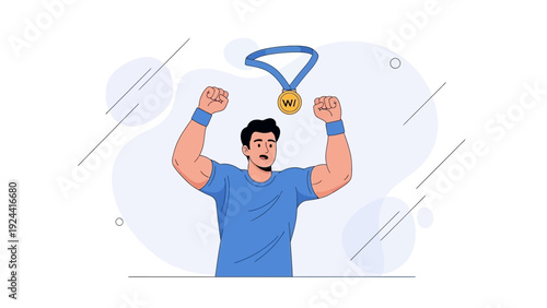 Man Celebrating Victory with Gold Medal and Raised Fists, Success Concept
