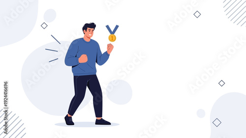 Man Celebrating Victory with Gold Medal, Achievement and Success Concept