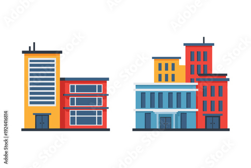 Modern flat design buildings with colorful facades and windows, urban cityscape illustration