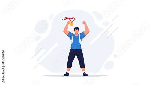 Man holding gold medal overhead, celebrating victory, success, achievement, award