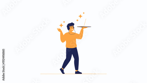 Man Holding Laptop with Headphones, Sparkles and Stars, Digital Nomad Concept