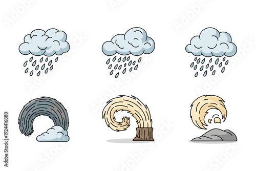 Set of weather icons depicting rain and swirling wind effects on clouds, trees, and rocks