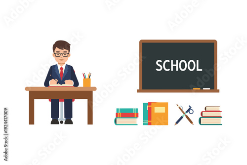 Teacher at desk with school supplies and chalkboard, symbolizing education and learning