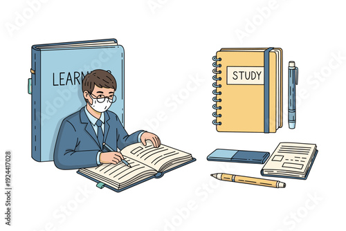 Student wearing mask studying diligently with books and stationery, symbolizing education