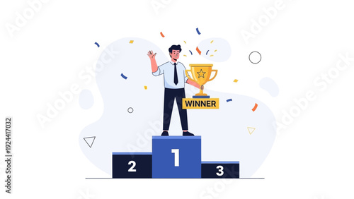 Man holding winner trophy on podium, celebrating victory with confetti, success concept.