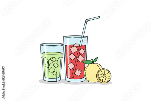 Two refreshing cold drinks with ice cubes and fruit on a white background