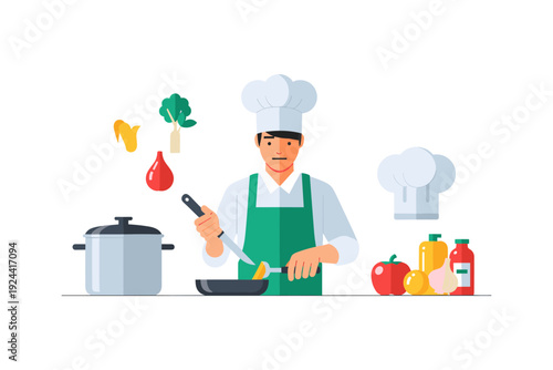 Professional chef preparing food in a kitchen with fresh ingredients and cooking utensils