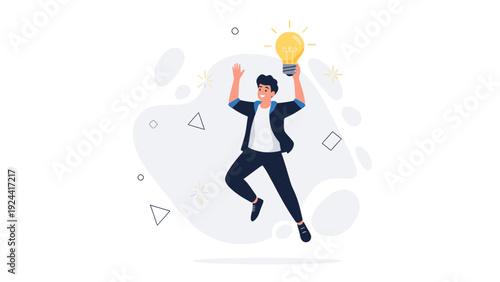 Man Jumping with Light Bulb Idea Symbol, Innovation and Success Concept