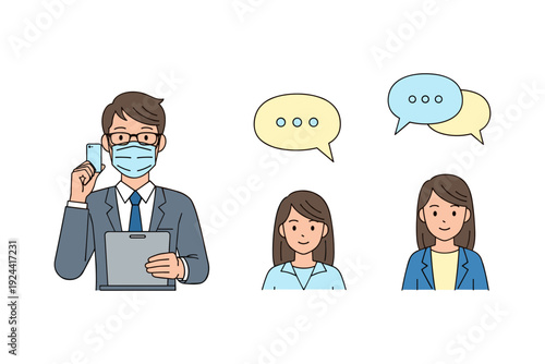 Business communication with a masked man on phone and two women with speech bubbles