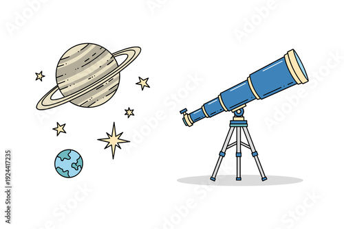 Cute cartoon telescope observing Saturn, Earth, and stars in outer space