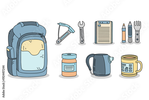 Collection of essential items for travel, camping, and everyday use