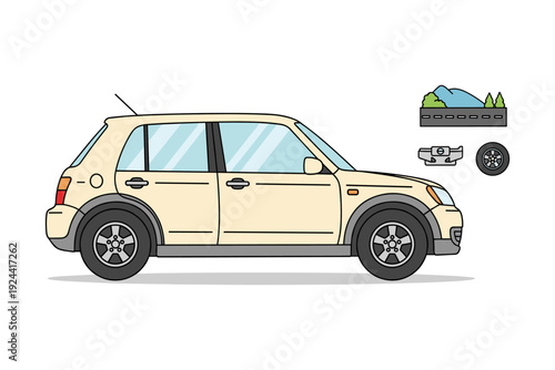 Cream colored SUV vehicle illustration with road, spare tire, and jack components