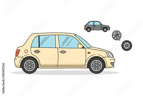 Illustration of a car with spare tire and wheel assembly, ready for replacement