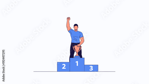 Man on Winner's Podium Holding Trophy, Celebrating Victory