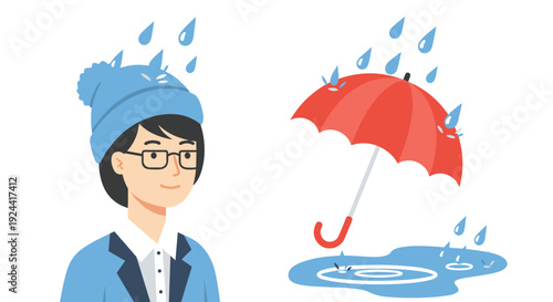 Person wearing a beanie in the rain next to an umbrella protecting from raindrops
