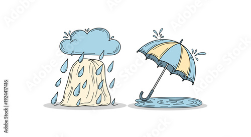 Illustration of a rain cloud over a covered object and an umbrella in a puddle