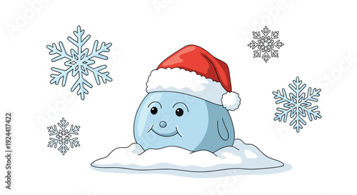 Cute cartoon character wearing a Santa hat surrounded by snowflakes in the snow