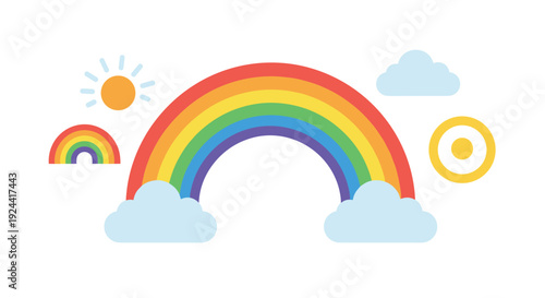 Bright rainbow arc with sun and clouds, simple flat illustration for kids
