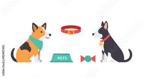 Cute cartoon dogs with accessories like collars, food bowl, and toy, isolated on white background