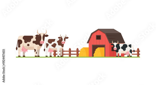 Farm scene with cows, hay bales, and a red barn under a clear sky