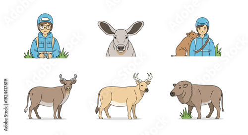 Collection of cartoon farm animals and people in simple flat style illustrations