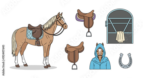 Collection of horse riding equipment and accessories, including a horse, saddles, and stable elements
