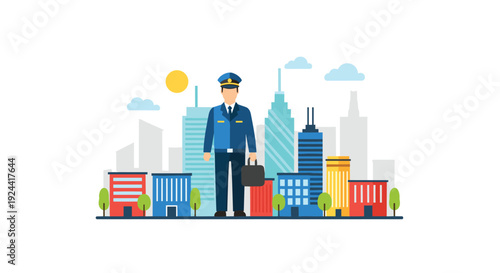 Law enforcement officer standing in front of a stylized cityscape with modern buildings and a sun