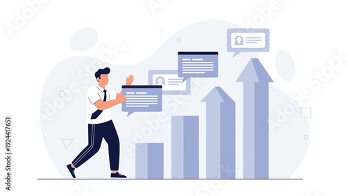 Business growth concept with man climbing bar chart and digital messages