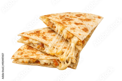 Stack of chicken quesadillas with melted cheese pull