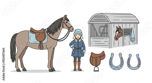 Equestrian scene with horse, rider, stable, saddle, and horseshoes, all in a charming cartoon style